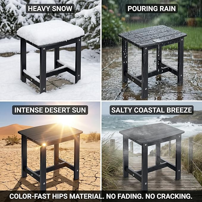 Y&M Outdoor Side Table, HIPS Adirondack Small Double Layer Table, Waterproof Square Outside Table, Balcony Modern End Tables for Patio, Pool, Beach, Porch, Deck, Indoor or Outdoor Use, Black