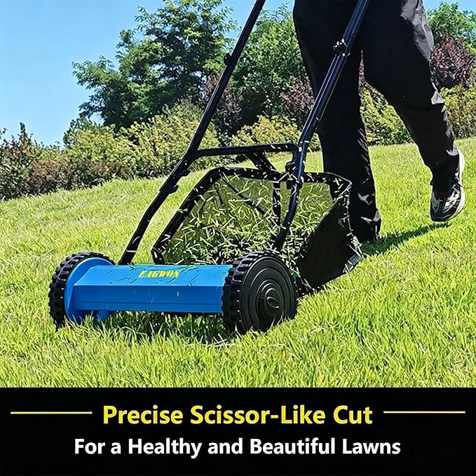 14-Inch 5-Blade Manual Push Reel Lawn Mower Cordless, with Removable Grass Catcher Bag & Adjustable Cutting Height, for Yard & Garden Grass Cutting, Blue