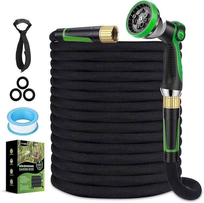 Non-Expanding Garden Hose 150 ft, Lightweight Hose & Flexible Water Hose With 10-Pattern Spray Nozzle, Kink-Free Design, Durable Leakproof Yard Outdoor Hose, Portable Storage Strap, 150 Feet