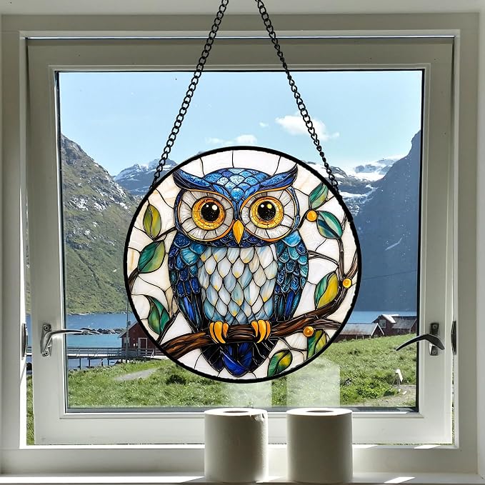 DASTOLL Stained Glass Window Hanging, Owl Gifts for Women Sun Catchers Diamond Glass Panel Hangings Birds Suncatcher Decor for Birthday for Women, Men, Wife, Aunt, and Mom 11.8x11.8 in