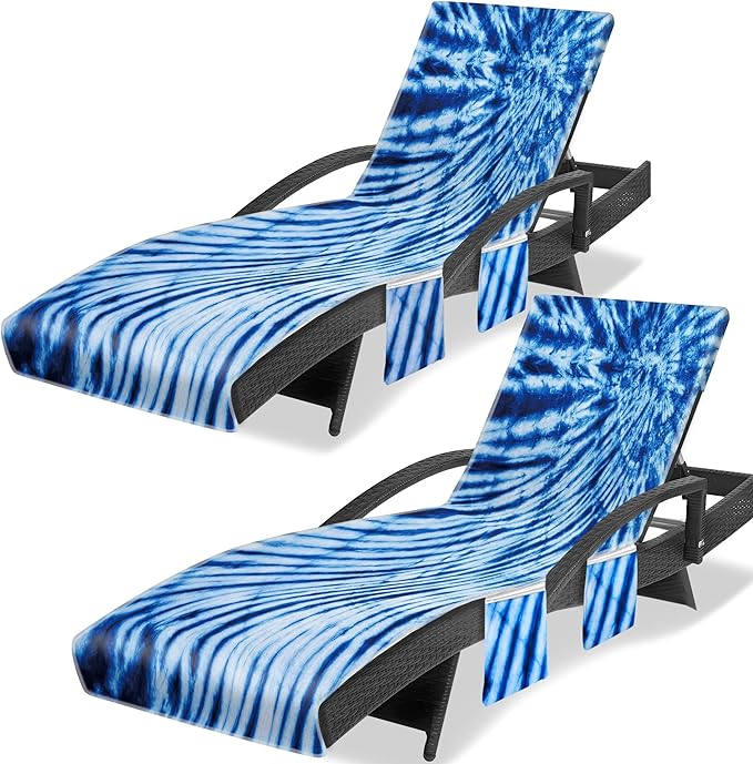 Lounge Chair Towel Cover (Pack of 2), Tie Dye Style Chaise Lounge Cover, Beach Chair Covers with Pockets for Pool Beach Garden Courtyard Outdoor Trips, 85 x30 in, Royal Blue