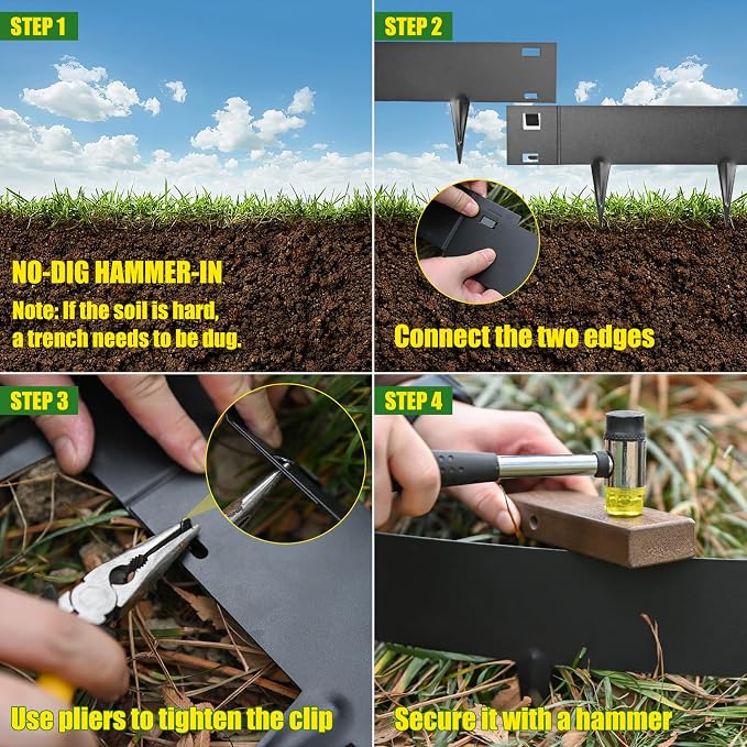 20ft. Metal Landscape Edging, Black Galvanized Steel Landscape Edging with a Pair of Gloves, Bendable Hammer-in Metal Lawn Edging for Fence and Flower Beds (6 Pack, 40 x 8 inches)