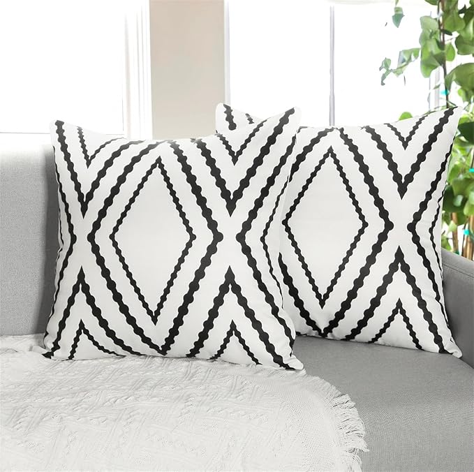 Adabana Outdoor Waterproof Throw Pillow Covers Set of 2 Boho Geometric Pillows Cover for Patio Garden 20 x 20 Inch White