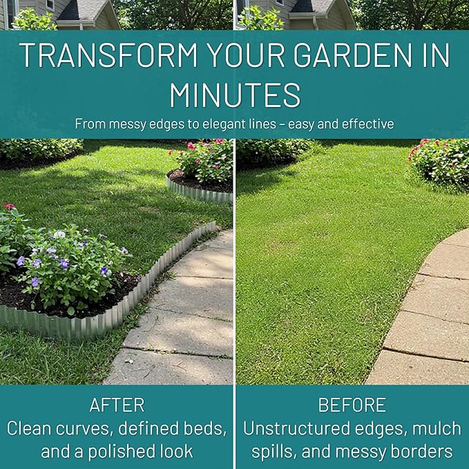 50FT Galvanized Steel Corrugated Metal Landscape Edging – Flexible & Rustproof Garden Edging Border, Decorative Metal Trim for Flower Beds, Lawn, Driveway, Walkway & Raised Beds