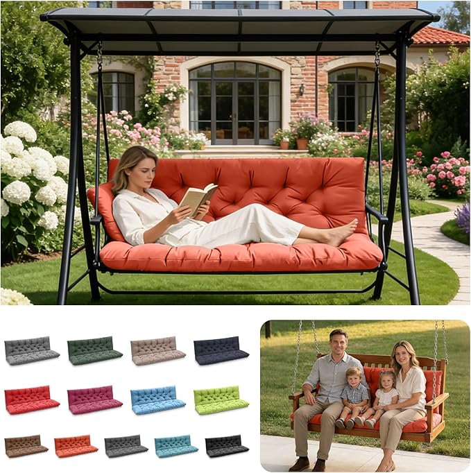 Porch Swing Cushions, Outdoor Swing Replacement Cushions 3 Seater with Backrest, Waterproof Bench Cushion with Ties,for Patio,Porch, Garden,Backyard