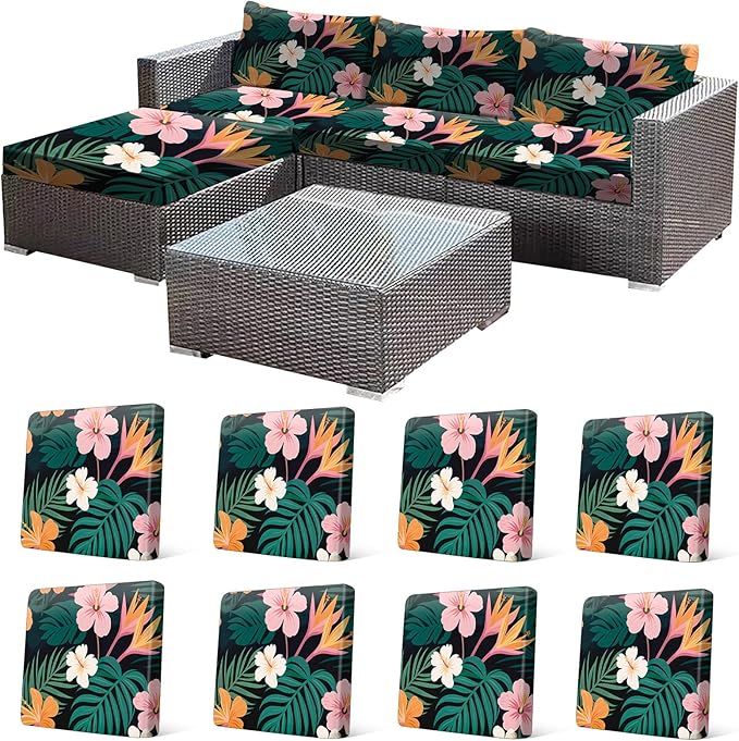 CALBODE 8 Pcs Stretch Outdoor Seat Cushion Covers, Washable Chair Seat Covers for Patio Furniture Cushions Soft Indoor and Outdoor Couch Cover Replacement (Dark Green Botanical, Cover Only)