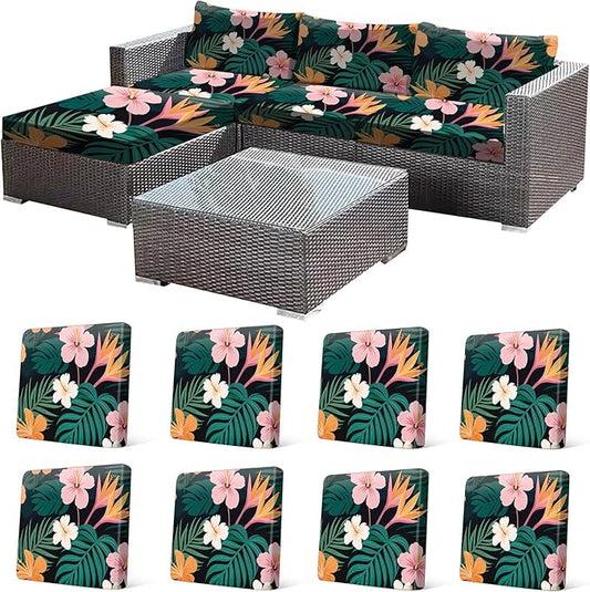 CALBODE 8 Pcs Stretch Outdoor Seat Cushion Covers, Washable Chair Seat Covers for Patio Furniture Cushions Soft Indoor and Outdoor Couch Cover Replacement (Dark Green Botanical, Cover Only)