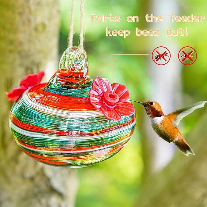 Small Glass Hummingbird Feeders for Outdoors 3in Hanging Blown Glass Ball Humming Birds Feeder with 2 Feeding Ports for Outside Garden Patio Decor for Window