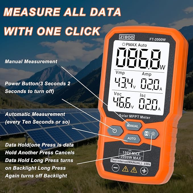 ZIBOO FT-2000W Solar Panel Tester MPPT Meter - 2000W Max Power, 150V/35A PV Module Tester for Voc/Isc, Open Circuit Voltage & Short Circuit Current, with Backlight & Data Hold