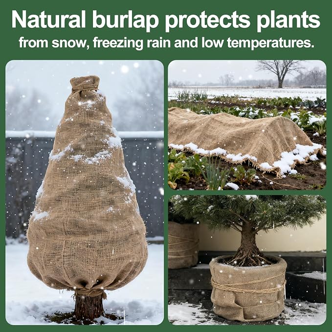 PJT 50ft x 40in Natural Burlap Plant Covers Freeze Protection, Winter Cold-Proof Burlap Fabric Tree Wrap Roll, Gardening Frost Plant Blankets for Outdoor Bushes Trees Plants