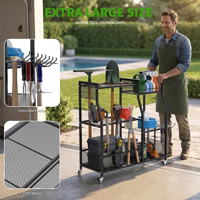 HOTEAGLE Garden Tool Organizer for Garage with 35.4” Width(High Stability), Outdoor Metal Utility Rolling Carts with Mute Wheels & 18.5mm Thick Rods, Easy to Clean, Black