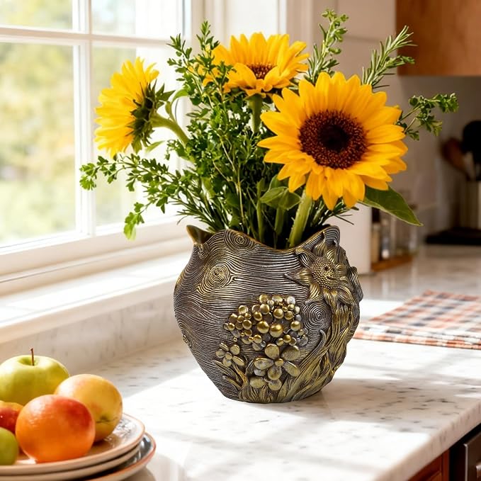 Sunflower Starry Sky Plant Pots-Cute Unique Flower Pots with Drainage Hole, Resin Planters for Indoor Outdoor Succulent Planter, Plant Gifts for Mother's Day, Birthday, Christmas (Gold)