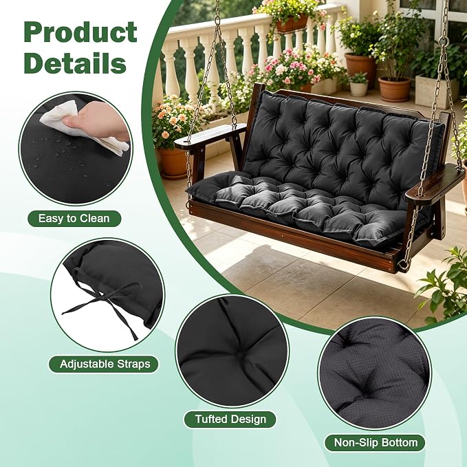 Porch Swing Cushions, 40x40 Inch Swing Cushions for Outdoor Furniture, Waterproof 2 Seater Patio Seat Cushion with Backrest, Replacement Bench Cushion for Glider, Settee, Dark Grey