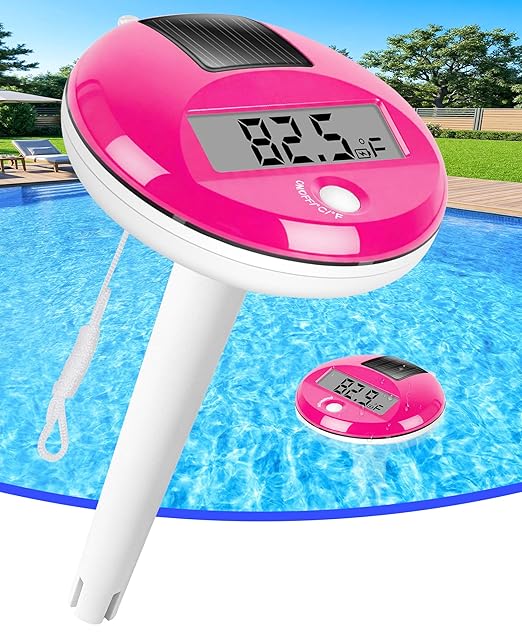 Sinbyuer 2026 Solar Digital Pool Thermometer with Rope | Easy Read Large LCD Display & Big Numbers Floating Pool Thermometer | High Precision & IP68 Waterproof Pools Temperature Gauge for Hot Tub-Pink