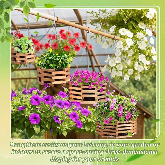 4 Pcs Wooden Orchid Baskets with Hangers for Outdoor Plants, Rustic Handmade Vanda Baskets, Hanging Orchid Planter, 4 Size