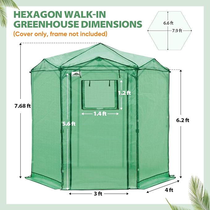 EAGLE PEAK Replacement Cover for 6.6x6.6 ft Hexagon Pop up Greenhouse, Front and Rear Roll-Up Zipper Entry Doors and 2 Roll-Up Side Windows (Frame Not Included), Green