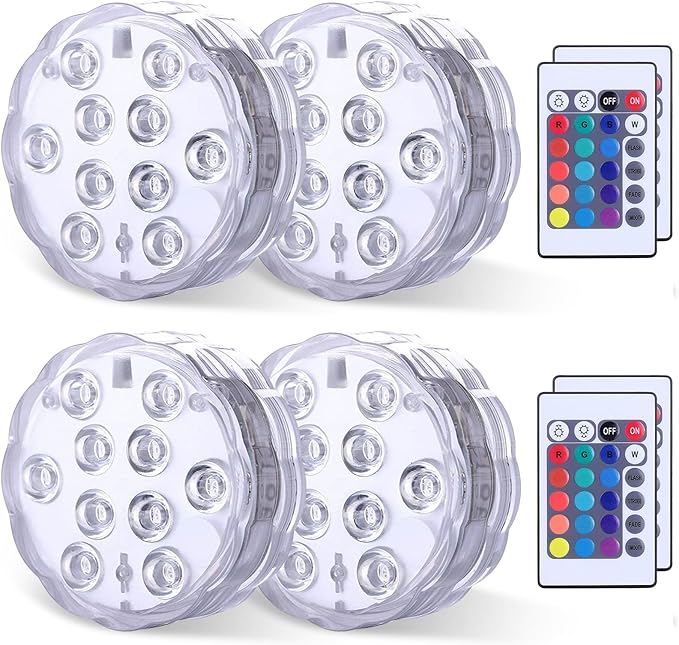 Qoolife Submersible LED Lights Remote Control, RGB Multi Color Changing Waterproof Light for Pool, Vase Base, Spa, Aquarium, Pond, Hot Tub, Decoration, Party, 4-Pack