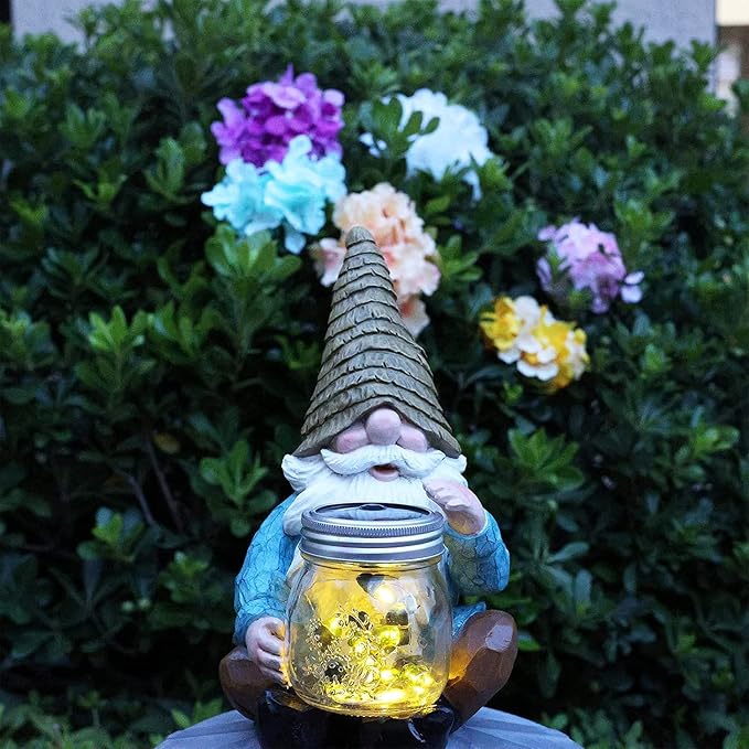 Solar Firefly Jar Gnome Resin LED Garden Statue | Waterproof hand-painted resin; flickering firefly LED lights; holiday gift for women mom grandma