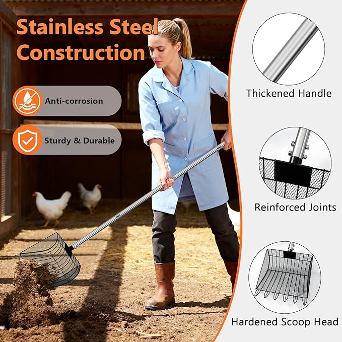 Chicken Poop Scooper & Rake, Stainless Steel Coop Scoop for Sand, Litter Sifting Shovel for Chickens, Adjustable Length 27" to 64"
