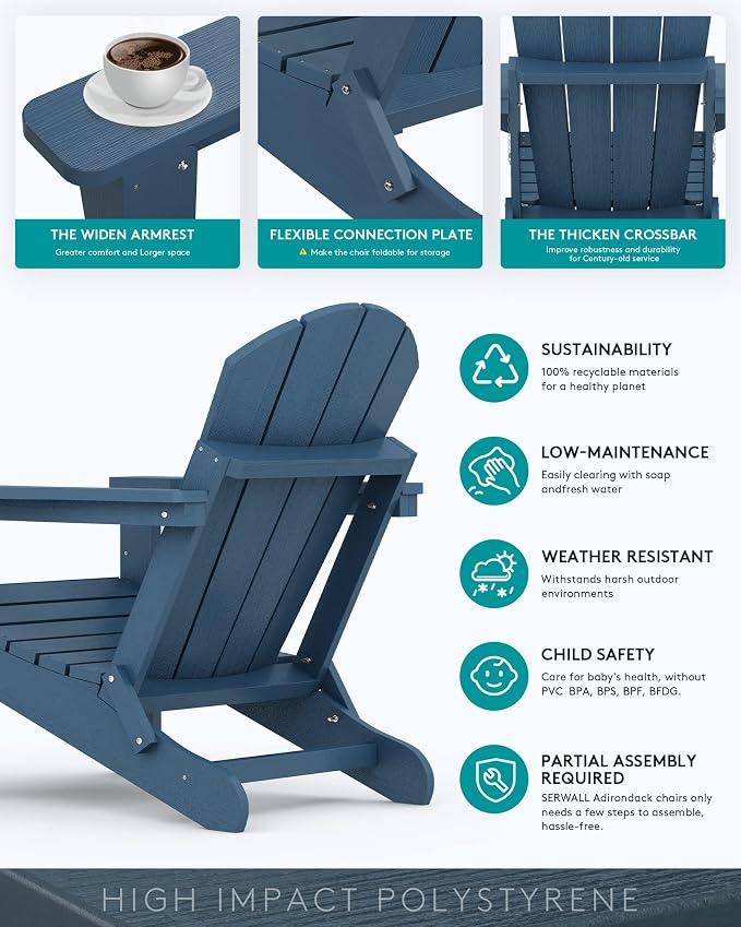 SERWALL Folding Adirondack Chair with Cup Holder Set of 4, Weather Resistant HIPS Patio Chairs, Wooden Textured, Fire Pit Chairs for Garden Outdoors Fire Pit - Blue