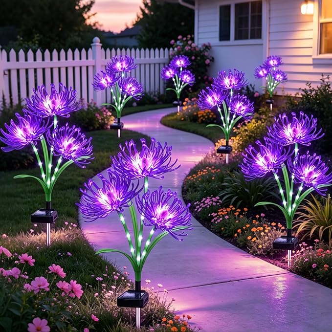 VOOKRY Solar Lights Outdoor, 4 Pack Purple Spider Lily Garden Flower Lights | 3Heads per Stem& Individual Solar Panels, Warm White LED Waterproof Yard Lawn Pathway Decor,Decorative Garden Gifts for Women