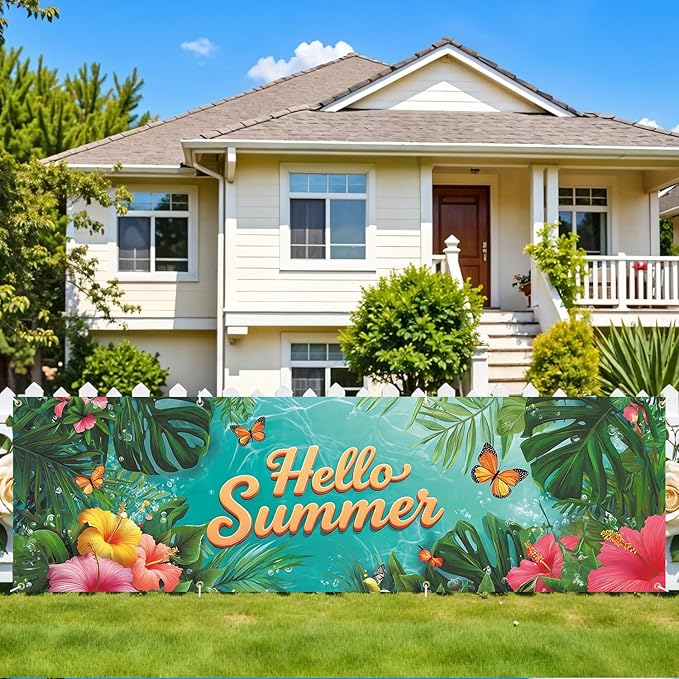 10x3 ft Extra Large Summer Banner Outdoor 115''x35'' Hello Summer Banner for Fence Outside Garden Large Flower Banners Yard