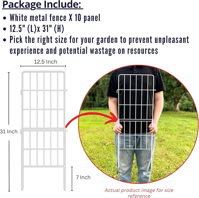 ShopLaLa Decorative Garden Fence Outdoor (10 Panels) 12.5in(L) x 31in(H) Animal Barrier Fencing Rustproof White Classic Metal Wire Flower Edging for Landscape, Small Dog Fences Backyard Patio Decor