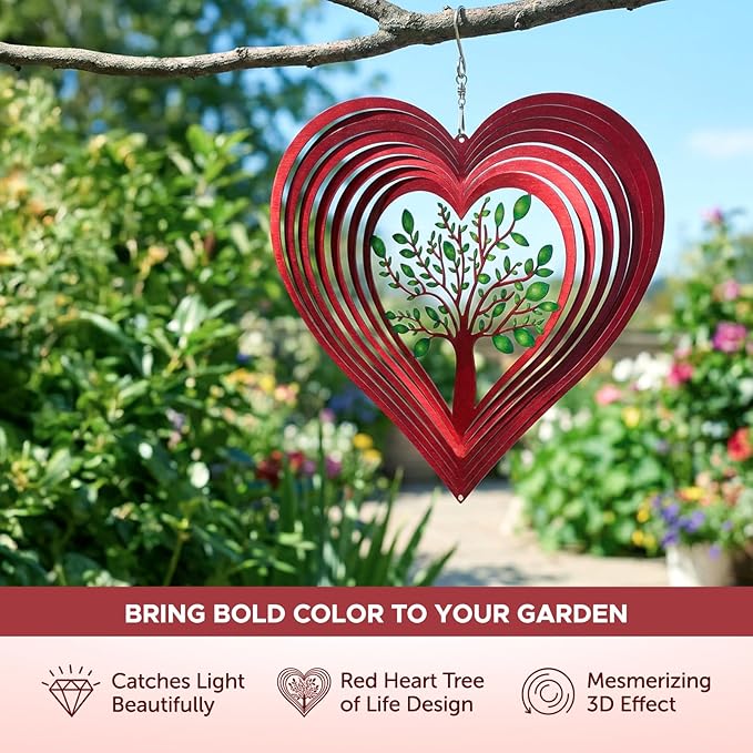 ISEO® Heart Wind Spinner for Yard and Garden, Hanging Outdoor Decor, Yard Art, Porch and Patio Decorations, Metal Wind Spinners Outdoor, Weather Resistant, 12”