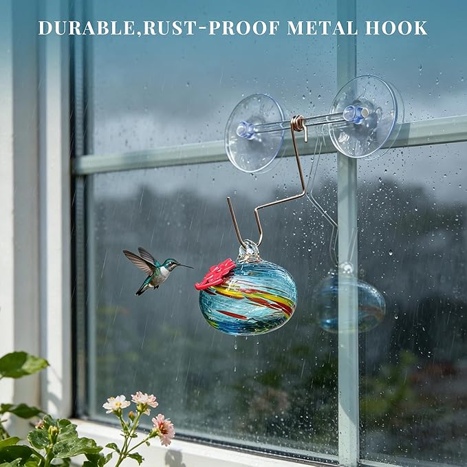 QFkris Blown Glass Hummingbird Feeder with Suction Cups for Window, Small Hummingbird Feeder with Flower Feeding Ports for Outside Garden Backyard Decor, Gifts for Women Mom(Blue)
