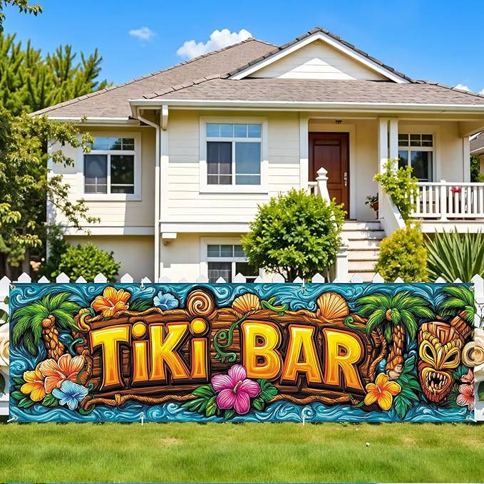10x3 ft Extra Large Summer Tiki Bar Banner Outdoor 115''x35'' Summer Tropical Banner for Fence Outside Garden Large Flower Banners Yard