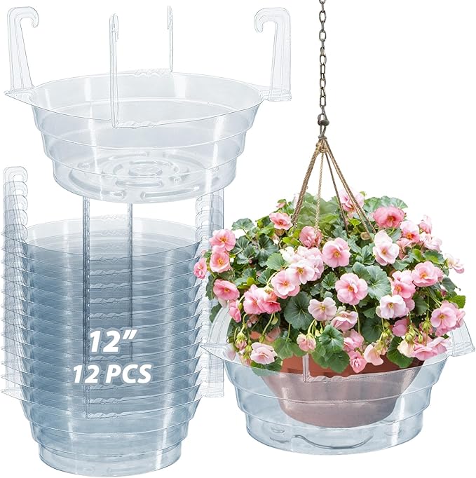 12 Pack Hanging Plant Water Catcher Tray, 12 Inch Clear Drip Pan Saucers for Hanging Planters & Pots, Indoor Self Watering Accessories for Hanging Plant Baskets (12" X 12P)