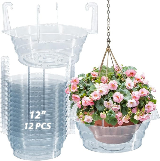 12 Pack Hanging Plant Water Catcher Tray, 12 Inch Clear Drip Pan Saucers for Hanging Planters & Pots, Indoor Self Watering Accessories for Hanging Plant Baskets (12" X 12P)