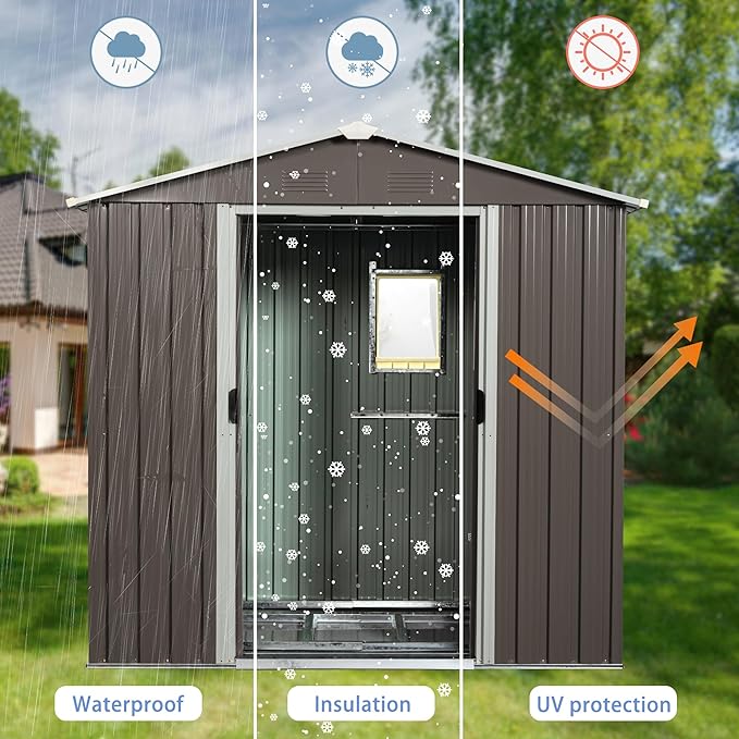 YOPTO 8×4 FT Outdoor Metal Storage Shed with Window and Integrated Punched Vents,Large Garden Outdoor Shed W/Sliding Doors & Padlock,Rust UV & Waterproof Tool Sheds for Backyard,Lawn,Patio,Grey
