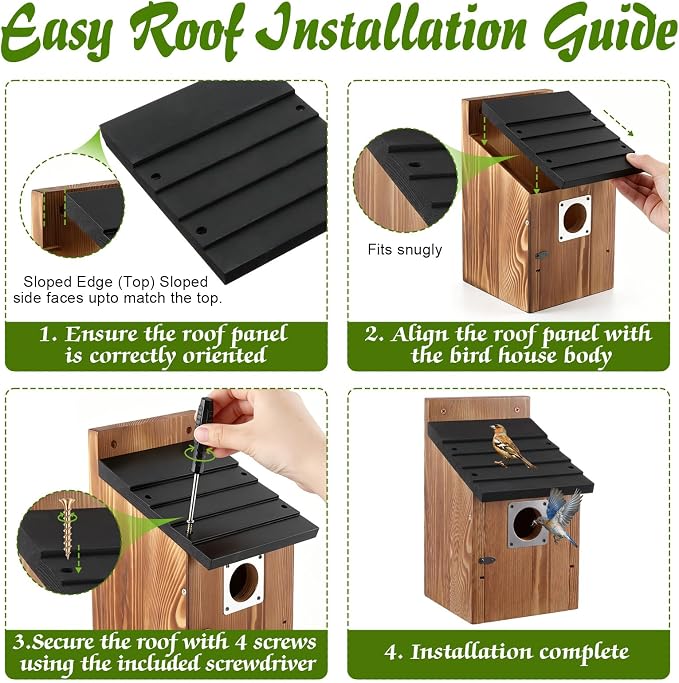 Dreyoo 4 Pack Bluebird Houses for Outside with Metal Predator Guard, 1-1/2" Entrance Hole Wooden Blue Bird Houses for Outdoors, Bluebird Nesting Box(Black Roof, Burnt Wood Body)