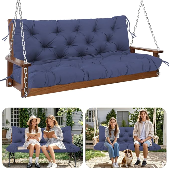 Premium 5"Thick Waterproof Outdoor Swing Cushions Sturdy Durable 2-3 Seat Replacement Porch Swing Cushions with Backrest&Ties Bench Cushion for Outdoor Furniture Backyard Patio(Navy Blue48x40)