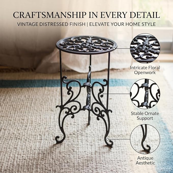 Vintage Scrollwork Cast Iron Plant Stand, Black, 22.6 x 9.3 x 22 Inch, Heavy-Duty Oval Top, Indoor Outdoor Use (19.3" Tall Circular Pattern)