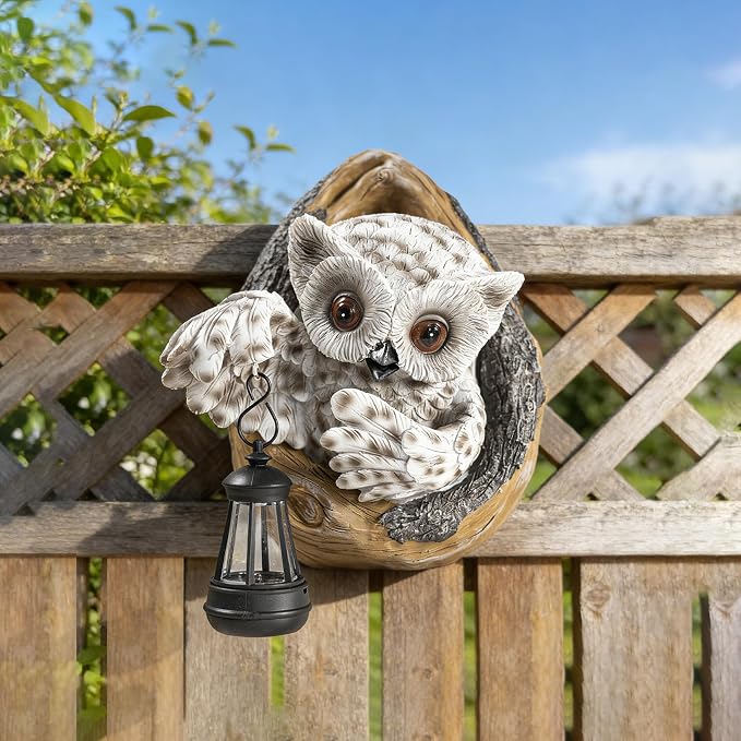 Outdoor Resin Owl Statue with Solar-Powered Lantern, Brown, Garden Sculpture, 7.8 x 6.89 x 4.53 Inches Trunk & Fence Decorations