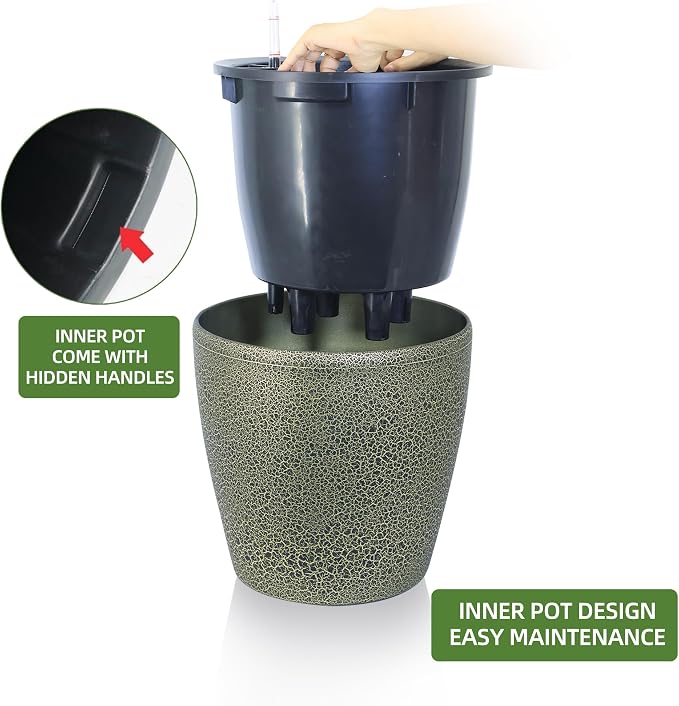 Dexceder 15x14 Self Watering Planter with Wheels (Black Gold Crackle) | Inner Pot Design, Thickened Large Floor Standing Flower Plant Pot with Water Level Indicator Indoor Outdoor