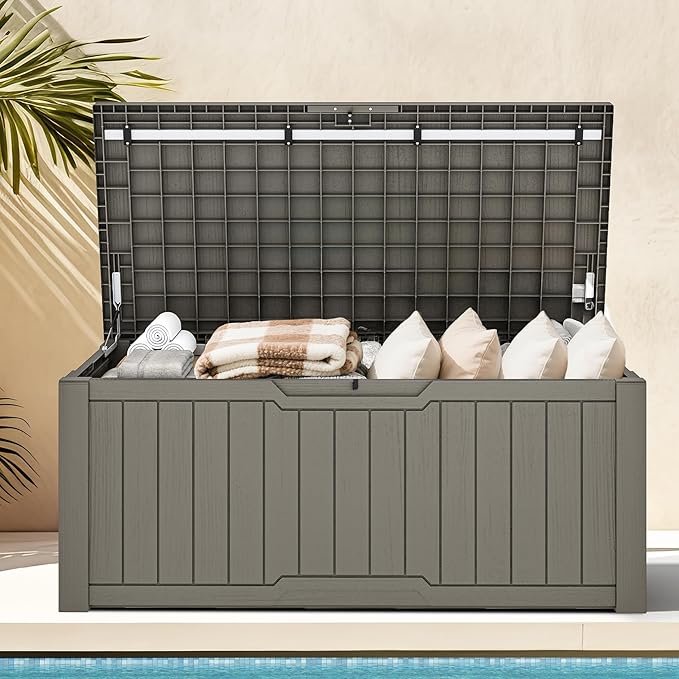 DWVO 120 Gallon Outdoor Storage Box, Large Lockable Resin Deck Box, Water Resistant Patio Storage Box for Tools, Cushions, Supplies - Light Brown