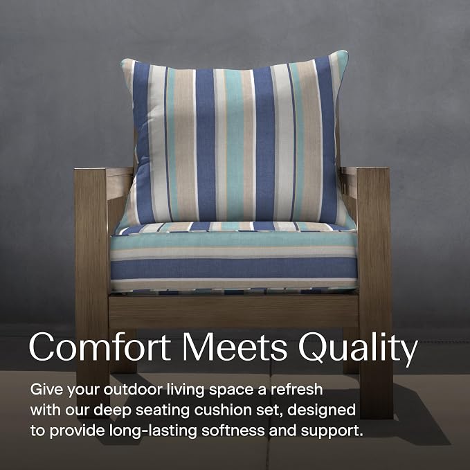 Honeycomb Outdoor Heritage Deep Seat, 24 x 23, Stripe Blue & Beige Chair Cushion with Removable Cover, for Patio Furniture