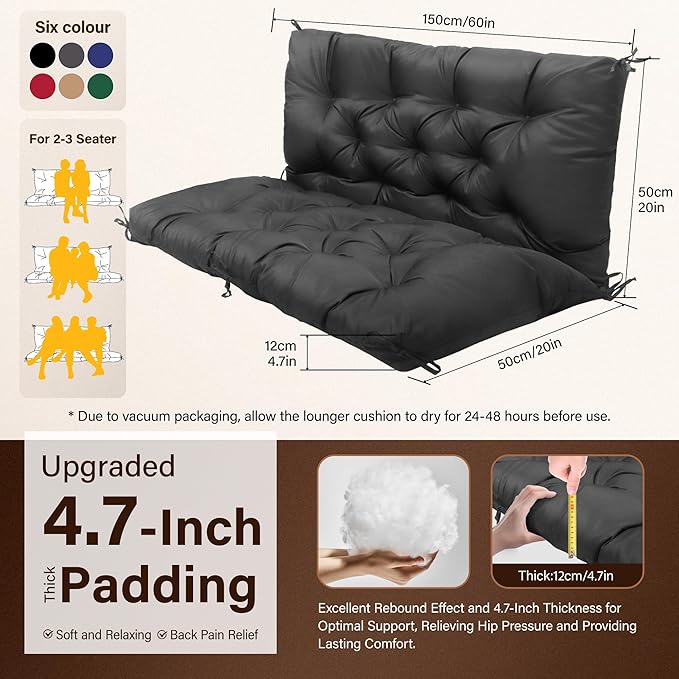 Waterproof Porch Swing Cushions 60 Inch,2 3-Seater Replacement for Outdoor Furniture with Backrest and Straps, Thick 4" Swing Seat Bench Cushion for Loveseat Glider Bench Patio Lawn Backyard