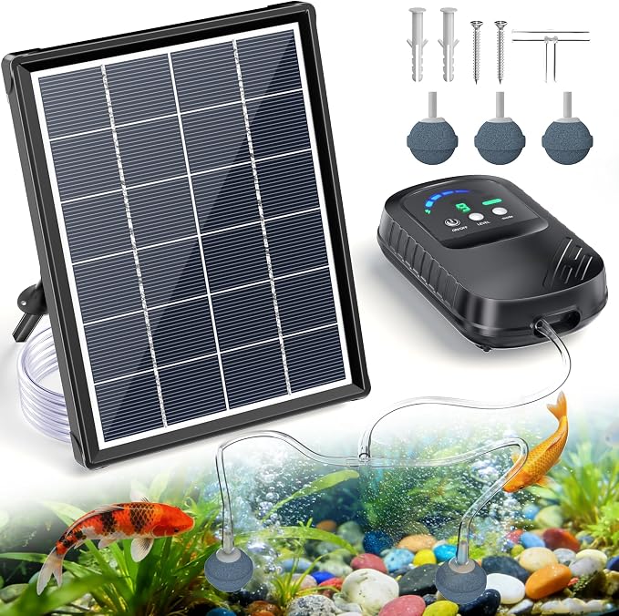 POPOSOAP Solar Pond Aerator, Solar Air Pump with Adjustable Airflow, Quiet Solar Pond Oxygen Pump for Koi Pond, Garden Pond, Fish Tank, Hydroponics