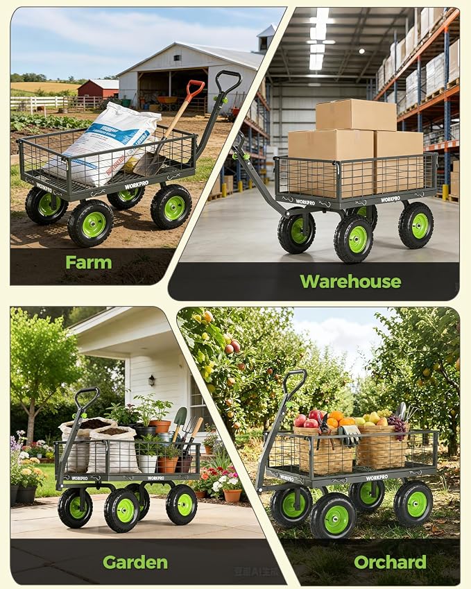 WORKPRO Large Heavy Duty Garden Cart 770 lb, 2-in-1 Convertible Utility Wagon with Removable Sides, 180° Tow Handle for ATV or Lawn Tractor, 270° Steering, Extra Large Yard Cart with All Terrain Tires