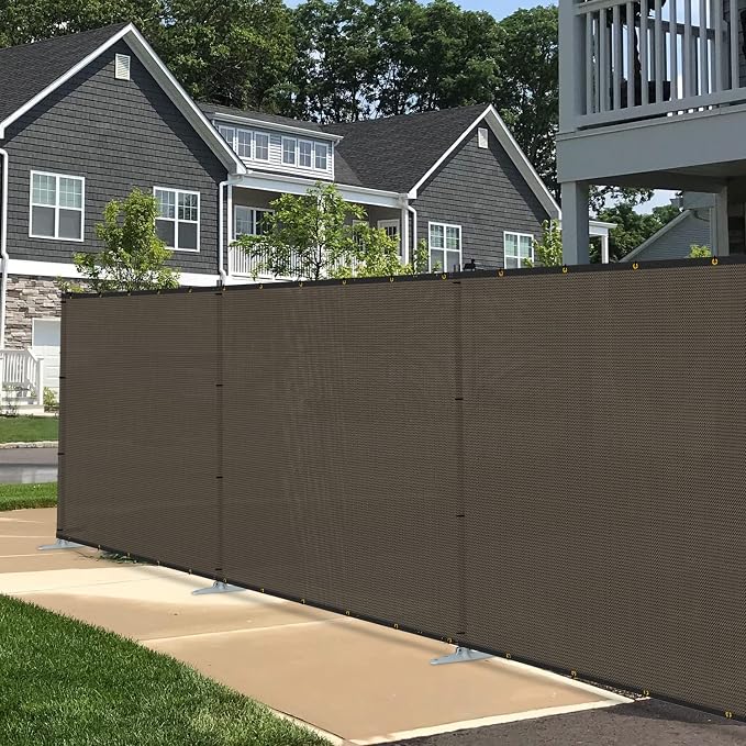 E&K 6'x14' Outdoor Privacy Screen Fence Panel Freestanding Backyard Patio Privacy Pool Fencing Temporary Garden Dog Fence with Iron Poles and Rails (Brown)