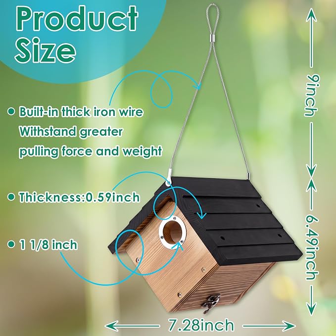 Dreyoo 2 Pack Wren House, 1-1/8'' Entrance Hole Hanging Wooden Wren Bird Houses for Outside with Metal Guard, Air Vents, Pine Wood for Chickadees (Black,Burnt Wood Color)