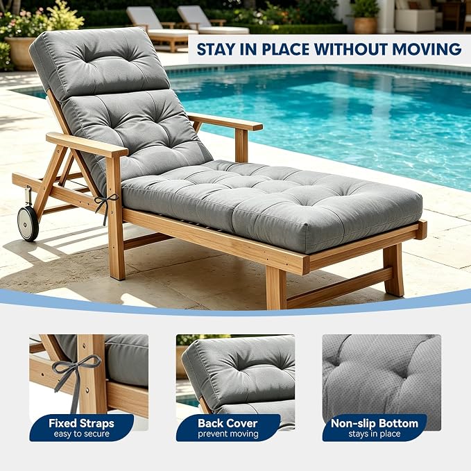 Non-Slip Outdoor Chaise Lounge Chair Cushion, Waterproof 74.4 x 22 x 4.7 Inches Lounge Chair Cushions for Outdoor Patio Furniture with Ties, Pool Chaise Lounge Cushions Replacement, Grey