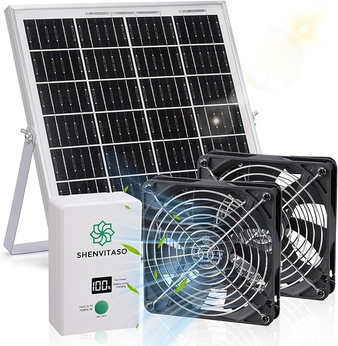 Solar Powered Exhaust Fan with Battery, 25W Solar Panel Dual 5.5 Inch Fans, 450 CFM IPX7 Waterproof Solar Ventilation Fan Kit for Chicken Coop, Greenhouse, Shed, Garage, Dog House