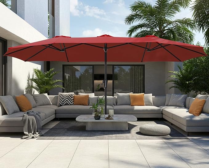 SUPERJARE 15FT Outdoor Umbrella for Patio, Double sided Pool Umbrellas with Fade Resistant Canopy, Large Table Umbrella for Deck, Market, Backyard - Burgundy(No Base)