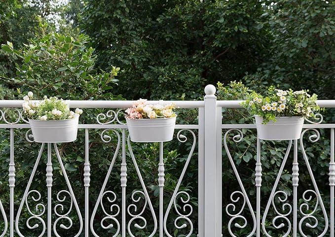 Dahey 3 Pcs 10.5 and 15.7 Inch Metal Iron Hanging Flower Pots for Railing Fence Hanging Bucket Pots Countryside Style Window Flower Plant Holder with Detachable Hooks for Garden Yard Home Decor