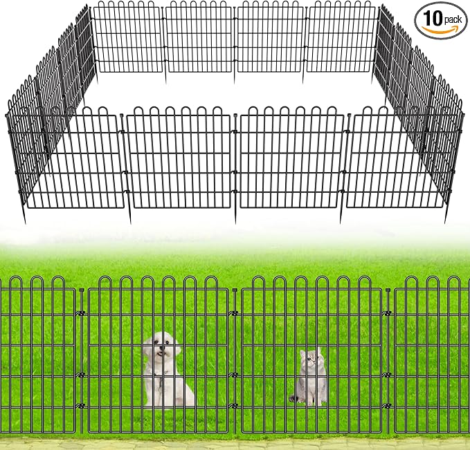 10 Panels No Dig Decorative Garden Fence for Yard, 24 in(H) X 20 ft(L) Animal Barrier Fencing for Outdoor Dog, Metal Portable Garden Fences for Borders, Pets, Landscape, Temporary Fence